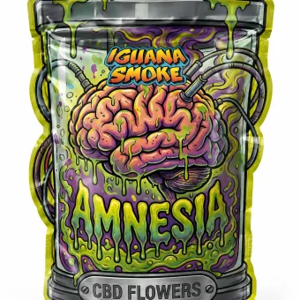 Bolsa de flores CBD Amnesia de Iguana Smoke con cerebro en un bote de laboratorio y slime verde
