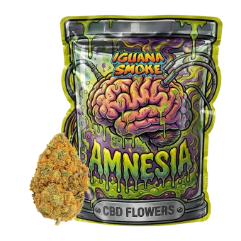 Bolsa de flores CBD Amnesia de Iguana Smoke con diseño de cerebro y cogollo de cáñamo CBD.