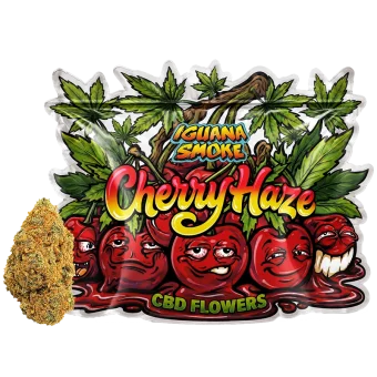 Bolsa de flores CBD Cherry de Iguana Smoke con dibujos de cerezas con caras divertidas y cogollo de cáñamo.