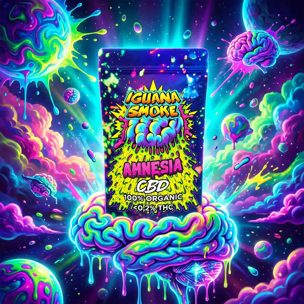 Bolsa Amnesia CBD de Iguana Smoke sobre plataforma de cerebro psicodélico en un fondo galáctico de colores neón.