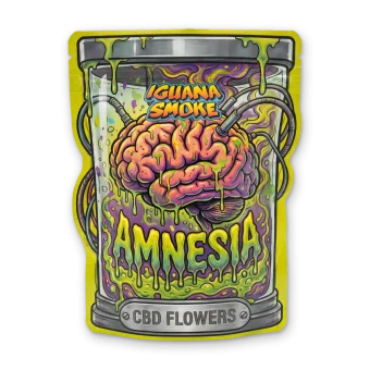Bolsa de flores CBD Amnesia de Iguana Smoke con cerebro en un bote de laboratorio y slime verde