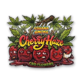 Bolsa de flores CBD Cherry Haze de Iguana Smoke con cerezas ilustradas con caras divertidas