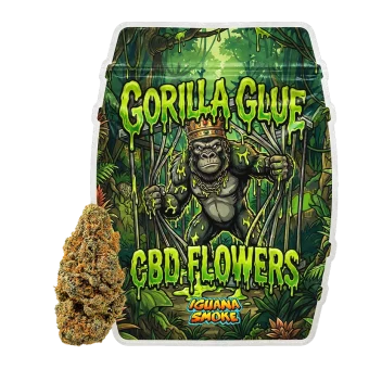 Bolsa de flores CBD Gorilla Glue de Iguana Smoke con ilustración de un gorila en la selva y un cogollo de cáñamo CBD.