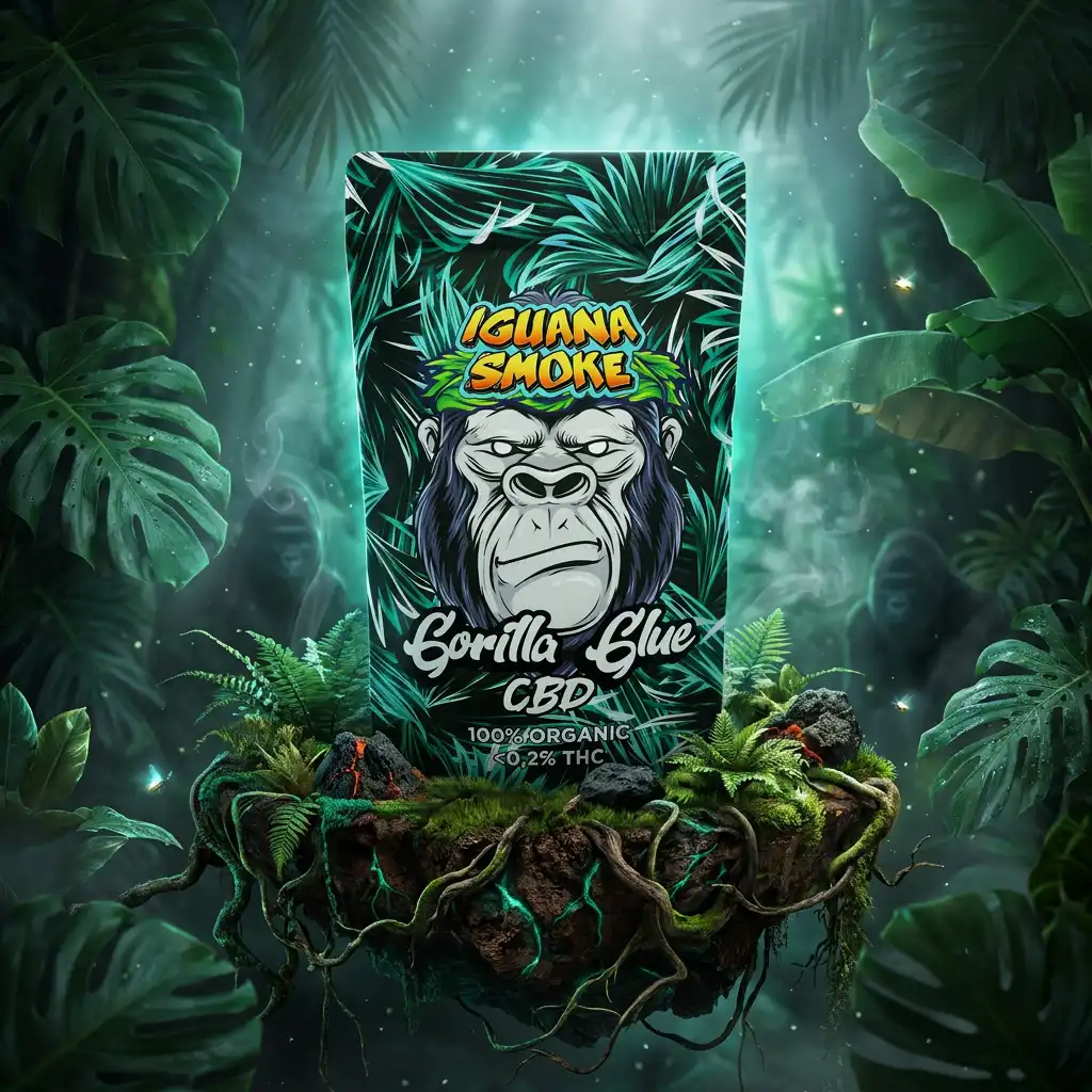 Bolsa Gorilla Glue CBD de Iguana Smoke sobre plataforma flotante de tierra, raíces y musgo en una jungla tropical con gorilas al fondo.