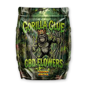 Bolsa de flores CBD Gorilla Glue de Iguana Smoke con gorila con corona rompiendo una jaula en la selva