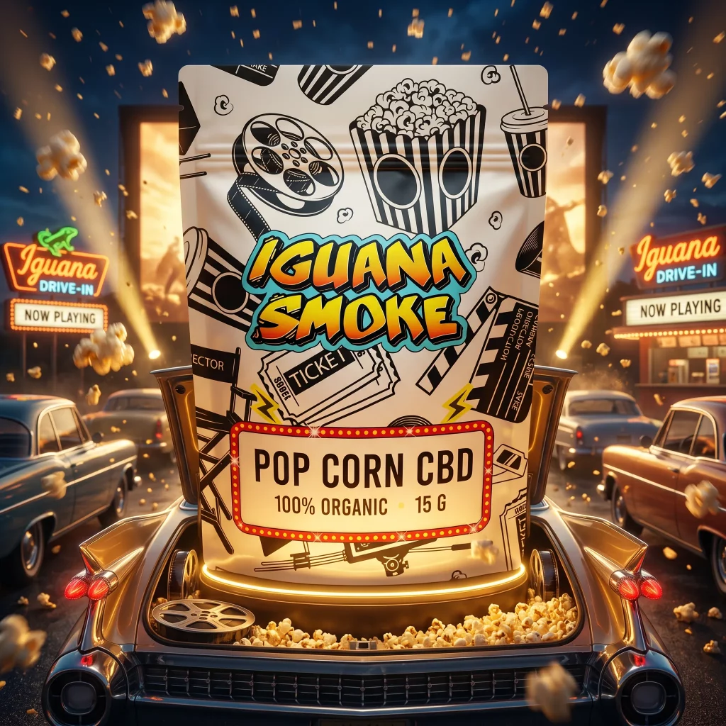 Bolsa Pop Corn CBD 15g 100% Organic de Iguana Smoke en un autocine con temática cinematográfica.