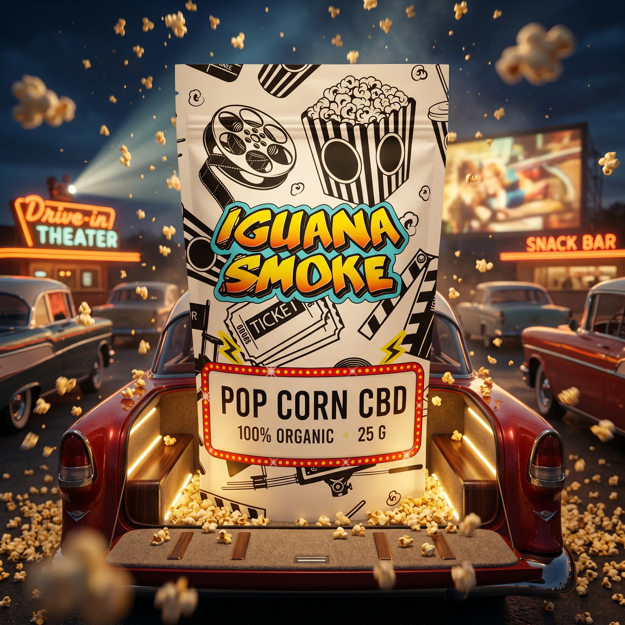 Bolsa Pop Corn CBD 25g 100% Organic de Iguana Smoke en un autocine con temática cinematográfica y palomitas.