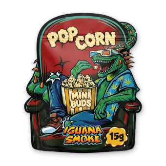 Bolsa de mini cogollos CBD Popcorn de Iguana Smoke de 15 g con la iguana con gafas 3D en el cine