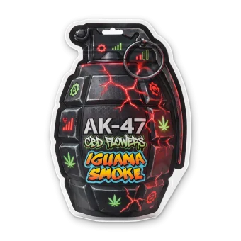 Bolsa de flores CBD AK-47 de Iguana Smoke con forma de granada negra y grietas rojas