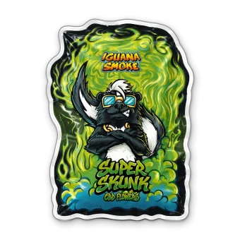Bolsa de flores CBD Super Skunk de Iguana Smoke con mofeta con gafas de sol y humo verde