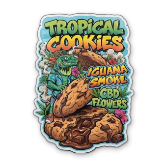 Bolsa de flores CBD Tropical Cookies de Iguana Smoke con la iguana y galletas de chocolate