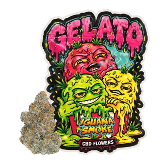 Bolsa de flores CBD Gelato de Iguana Smoke con diseño de tres bolas de helado de colores y un cogollo de cáñamo CBD.