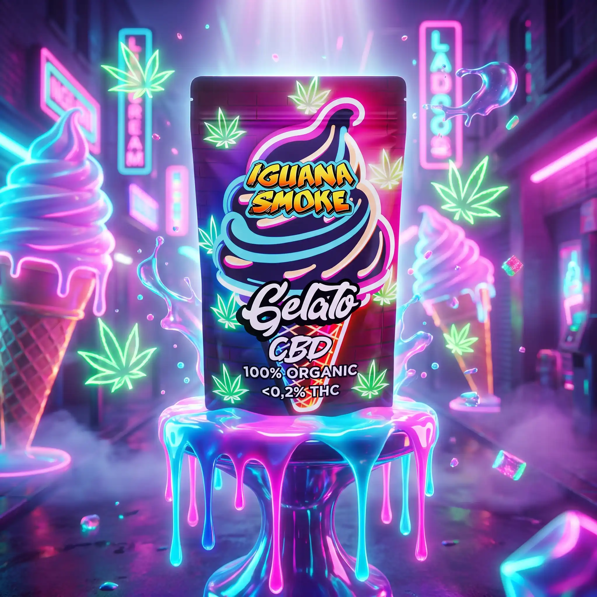 Bolsa Gelato CBD de Iguana Smoke sobre pedestal de gelato neón en una calle futurista con luces LED y hojas de cannabis luminosas.