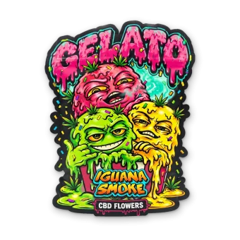 Bolsa negra de flores CBD Gelato de Iguana Smoke con bolas de helado rosa, verde y amarilla