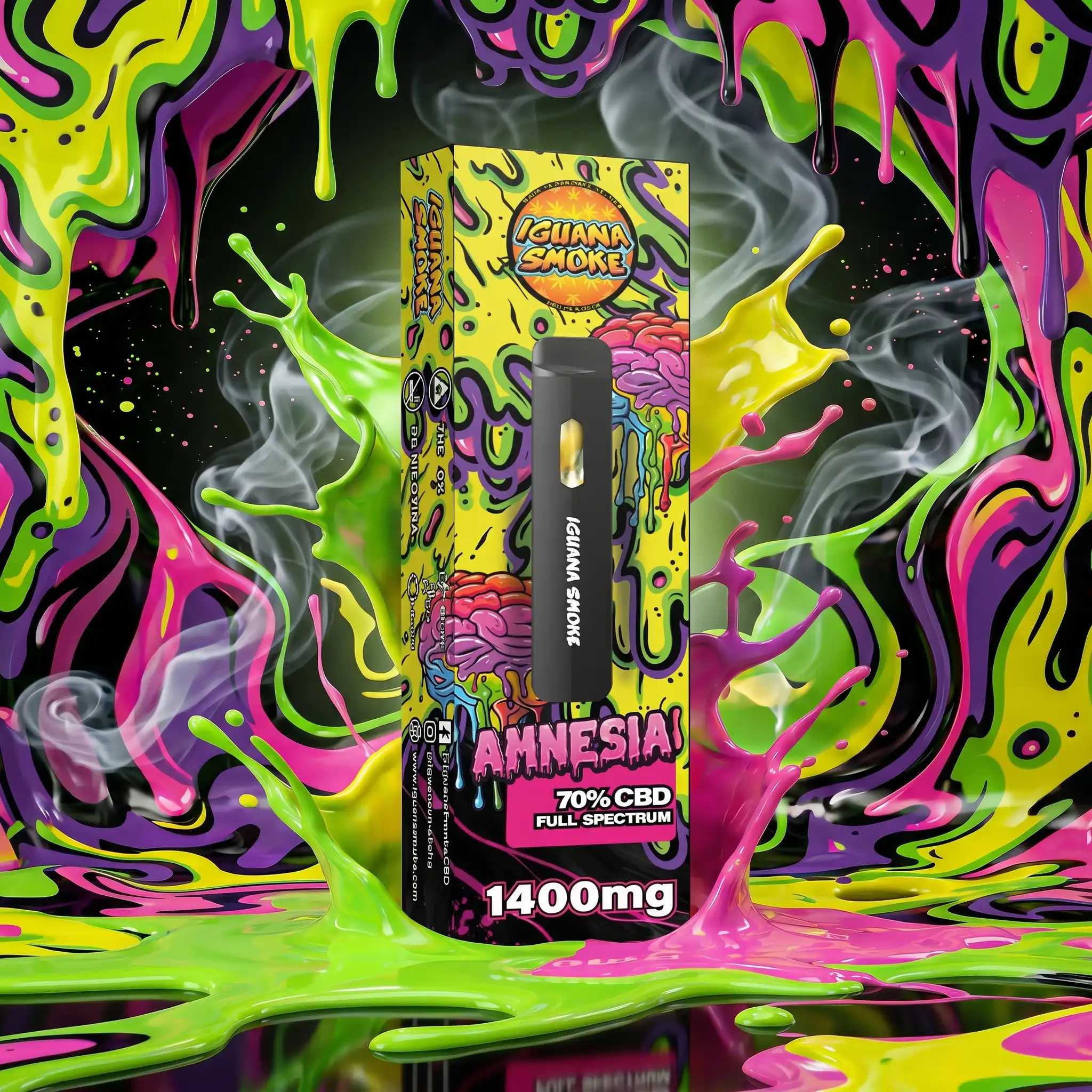 Vape Amnesia CBD 1400mg Full Spectrum de Iguana Smoke con diseño psicodélico y colores vibrantes.