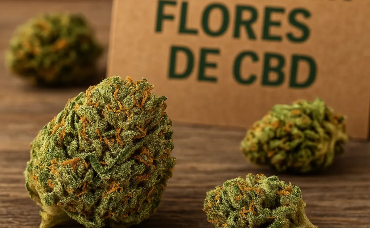 Primo piano di fiori di CBD legale con tricomi visibili sulla superficie di legno, immagine illustrativa dal blog Iguana Smoke