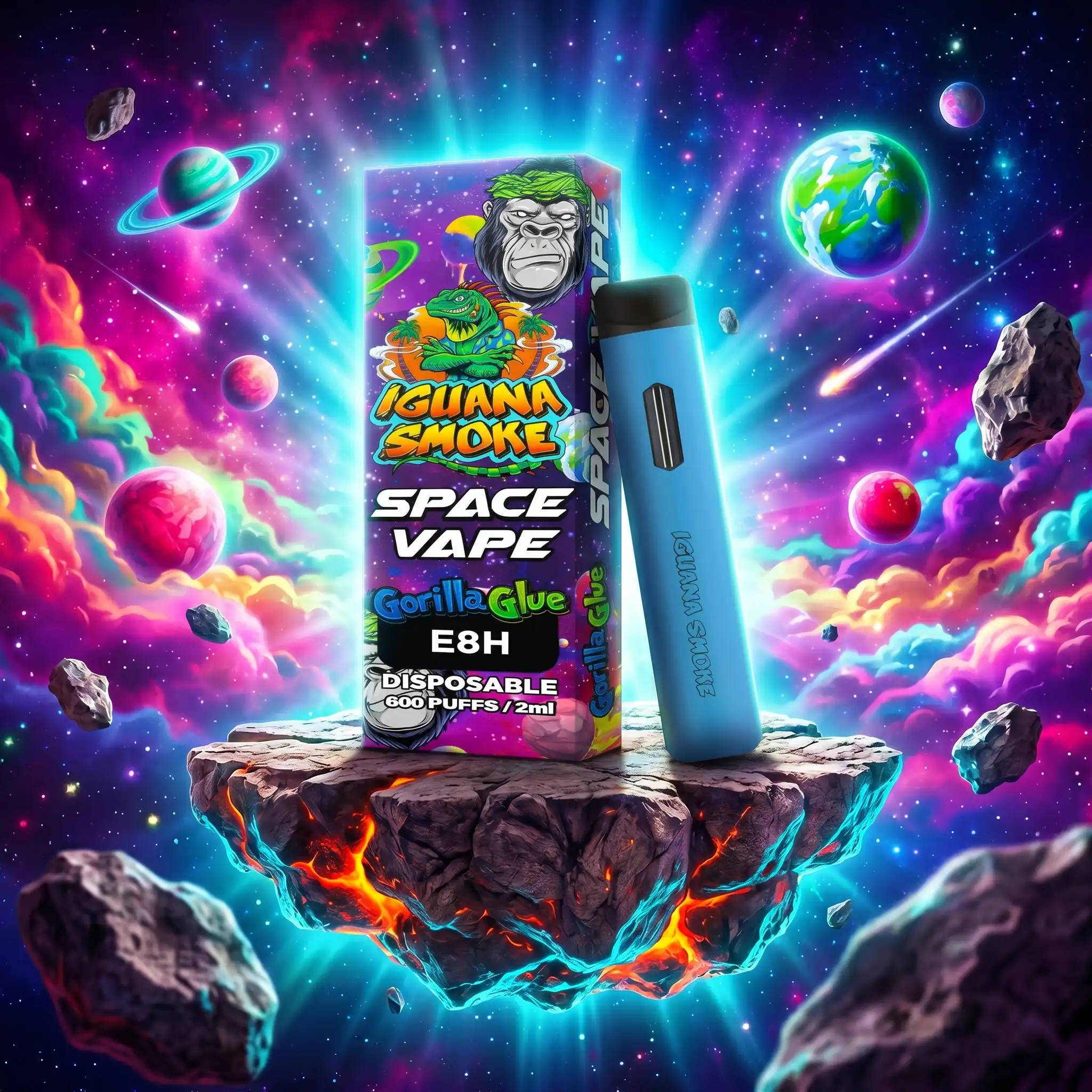 Space Vape Gorilla Glue E8H de Iguana Smoke con diseño espacial y vape azul.