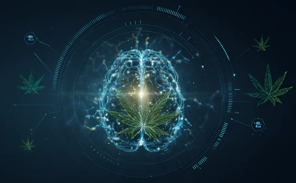 Ilustración digital de un cerebro humano iluminado con conexiones neuronales y una hoja de cannabis al centro, representando estudios científicos sobre CBD y epilepsia.