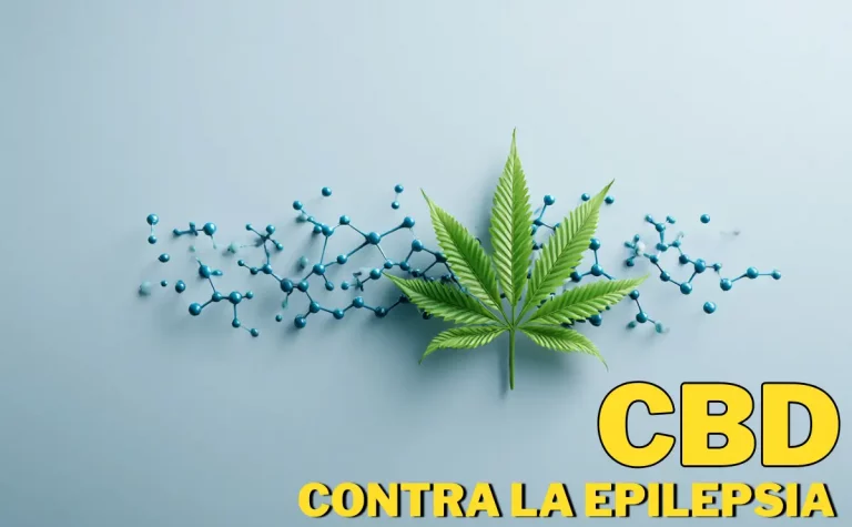Hoja de cannabis junto a moléculas químicas que representan el cannabidiol (CBD) como alternativa en estudios científicos sobre epilepsia.