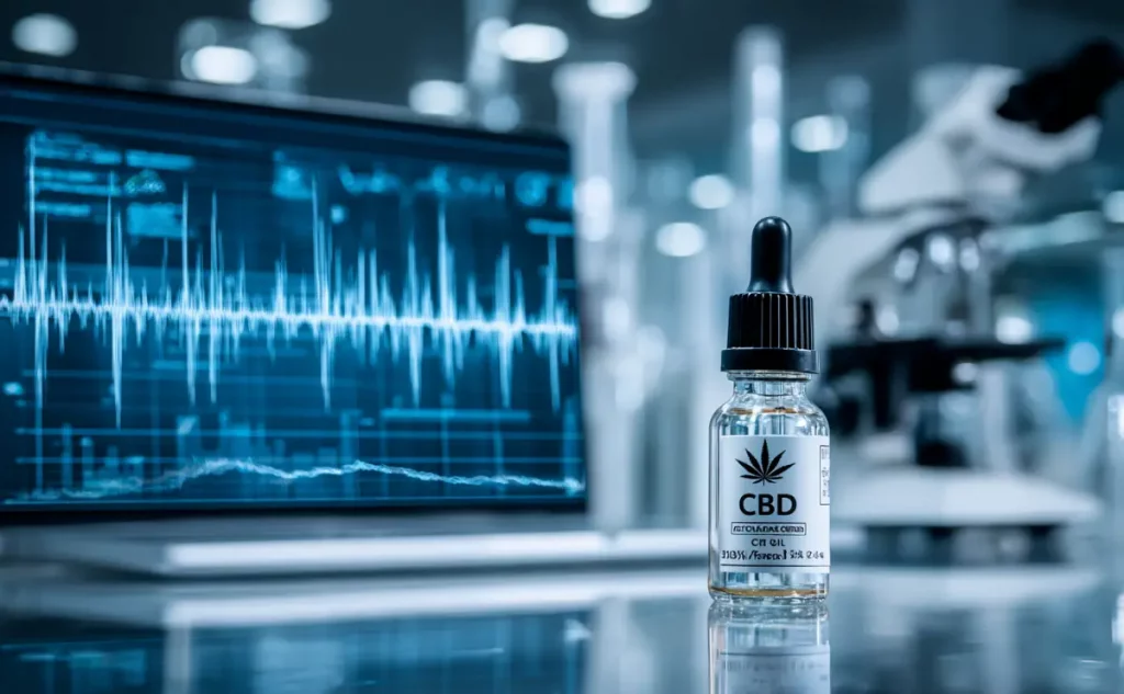 Frasco de aceite de CBD en laboratorio junto a una pantalla con gráficos neurológicos y un microscopio, simbolizando estudios científicos sobre epilepsia.
