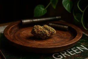 Flores de CBD legales sobre bandeja de madera - Comprar CBD online en Iguana Smoke