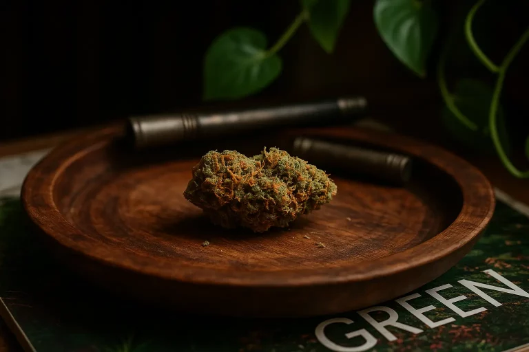 Flores de CBD legales sobre bandeja de madera - Comprar CBD online en Iguana Smoke