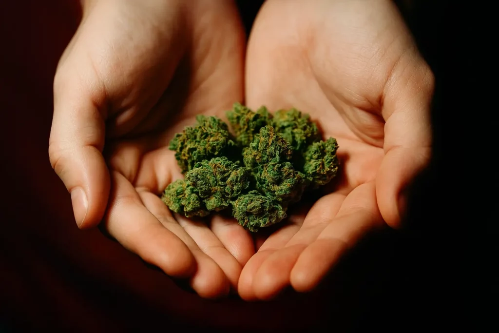 Manos sosteniendo cogollos de CBD premium, cannabis legal en España, flores de alta calidad listas para usar.