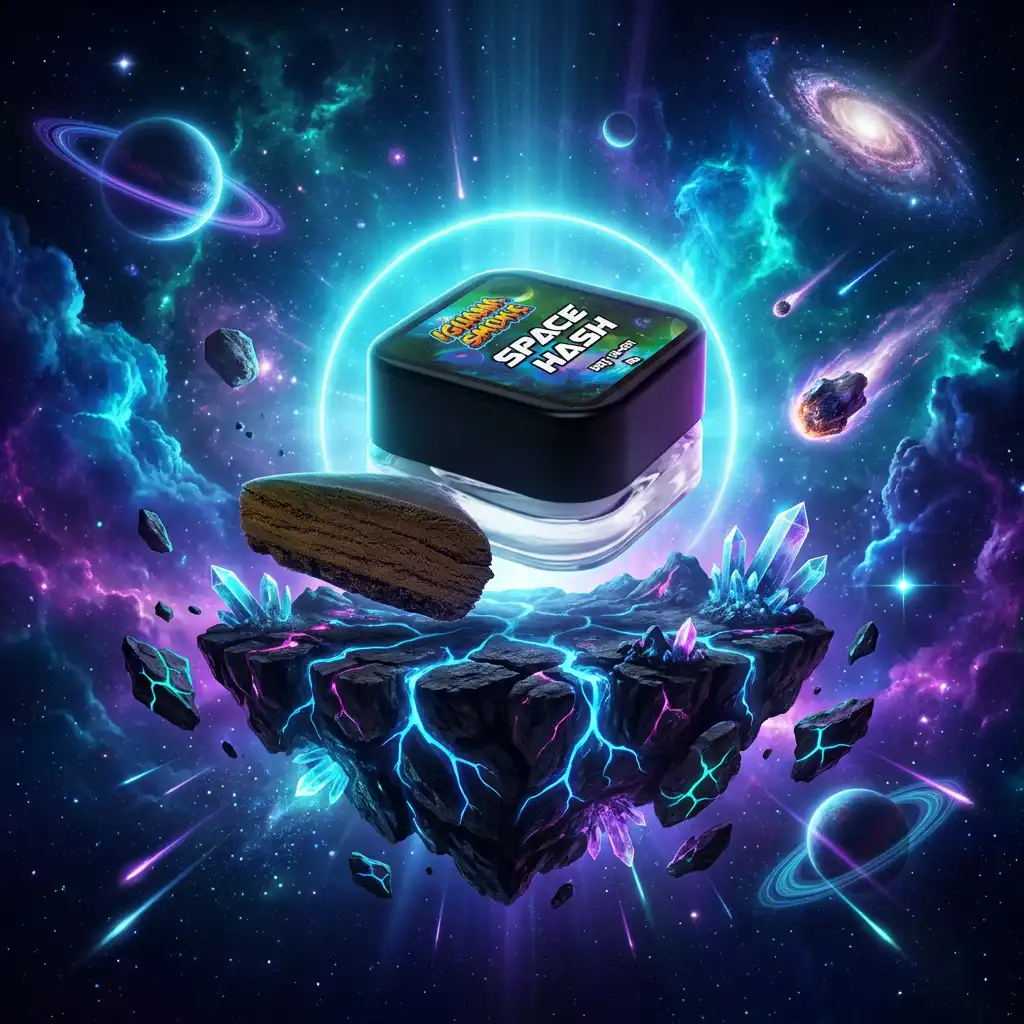 Space Hash 10-OH de Iguana Smoke sobre plataforma flotante con cristales energéticos en un fondo galáctico futurista.