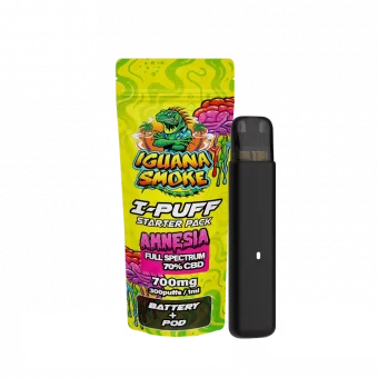 CBD Vape I-Puff Starter Pack Amnesia 1ml with 700mg full spectrum CBD and reusable battery Iguana Smoke