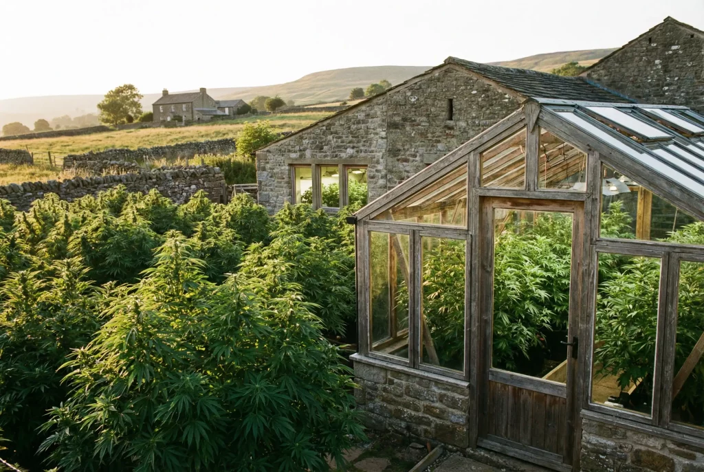 Culture en serre de CBD Amnesia Flower avec des plantes de cannabis légales riches en CBD et à faible teneur en THC.