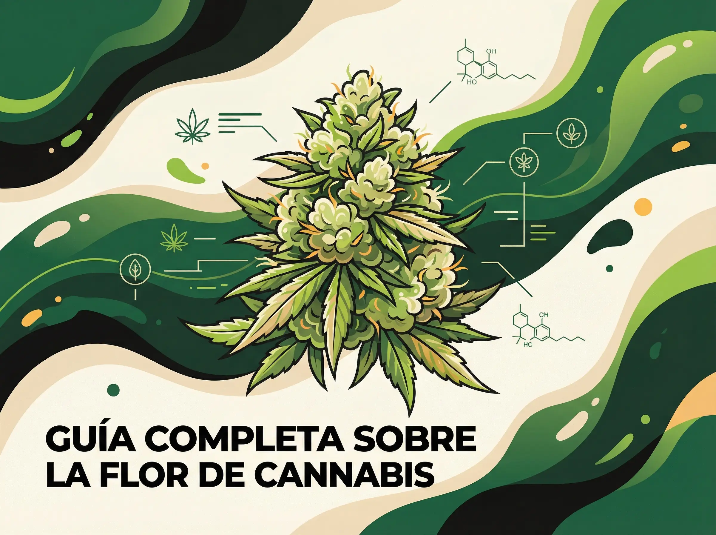 Ilustración de una flor de cannabis con gráficos de CBD, THC y terpenos sobre fondo verde