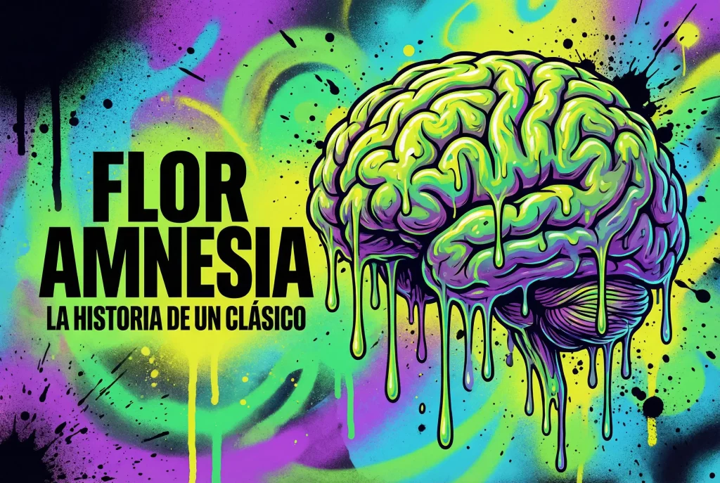 Illustration artistique de la fleur CBD Amnesia avec un cerveau psychédélique, une représentation visuelle d'une variété de cannabis classique.