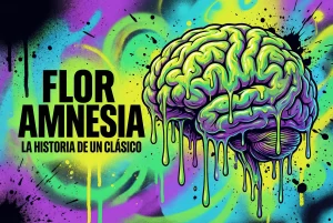 Ilustración artística de Flor Amnesia CBD con cerebro psicodélico, representación visual de una variedad clásica del cannabis