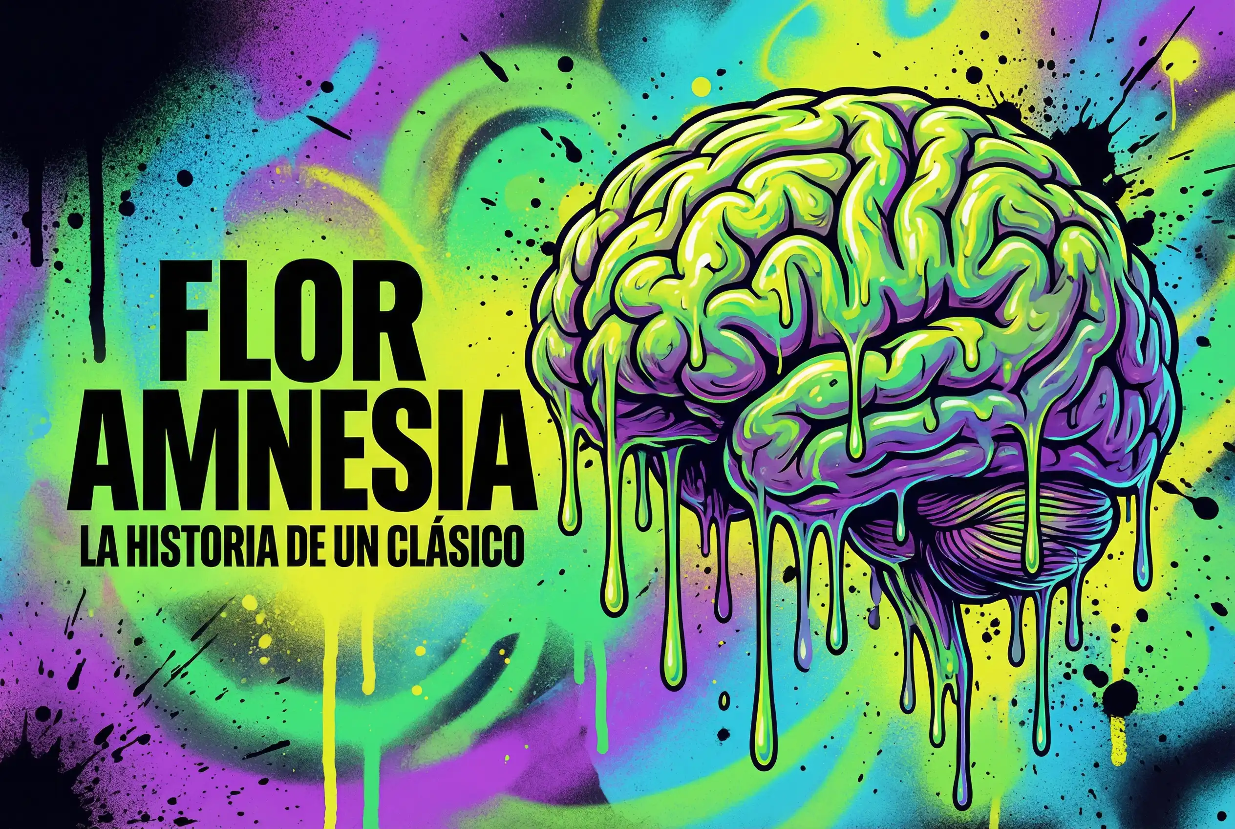 Illustration artistique de la fleur CBD Amnesia avec un cerveau psychédélique, une représentation visuelle d'une variété de cannabis classique.