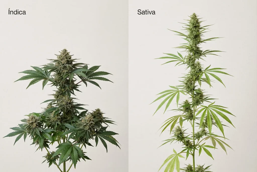 Comparação visual entre uma planta de marijuana Indica e uma Sativa, mostrando as diferenças de altura, folhas e botões.