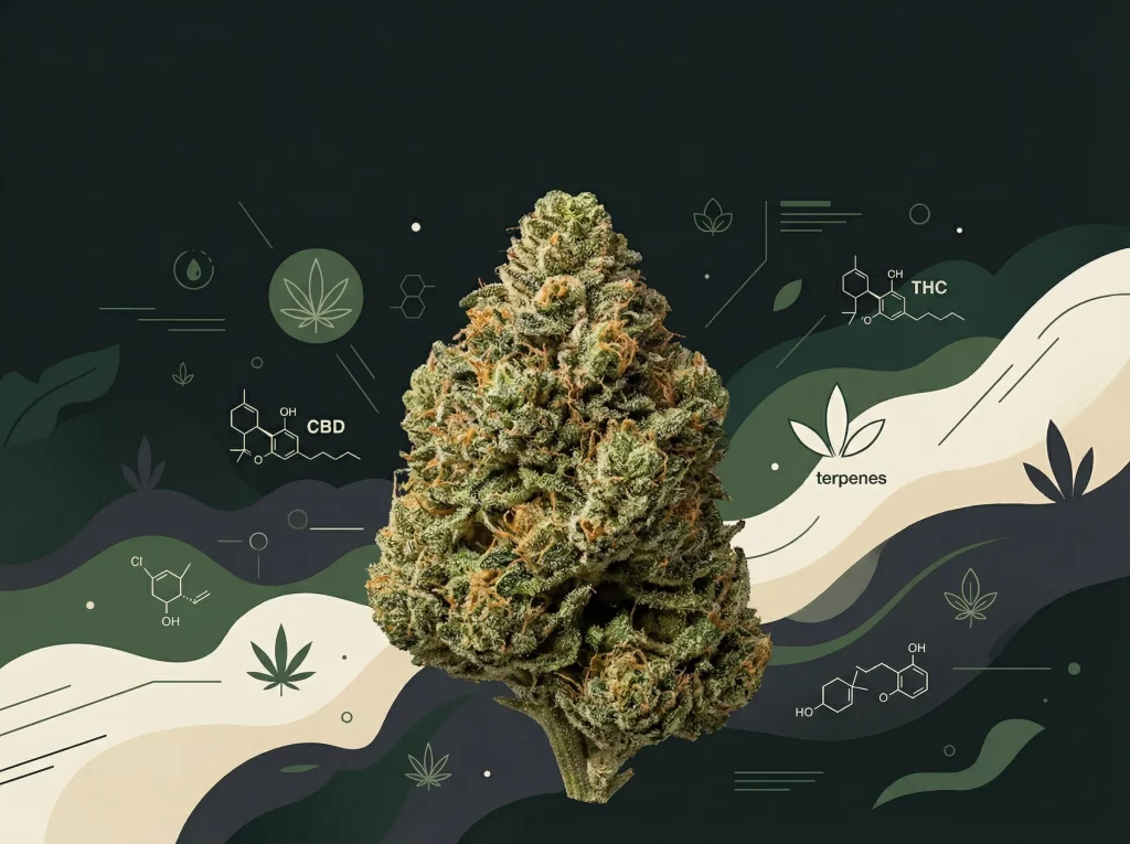 Flor de cannabis en primer plano con ilustraciones de CBD, THC y terpenos sobre fondo informativo