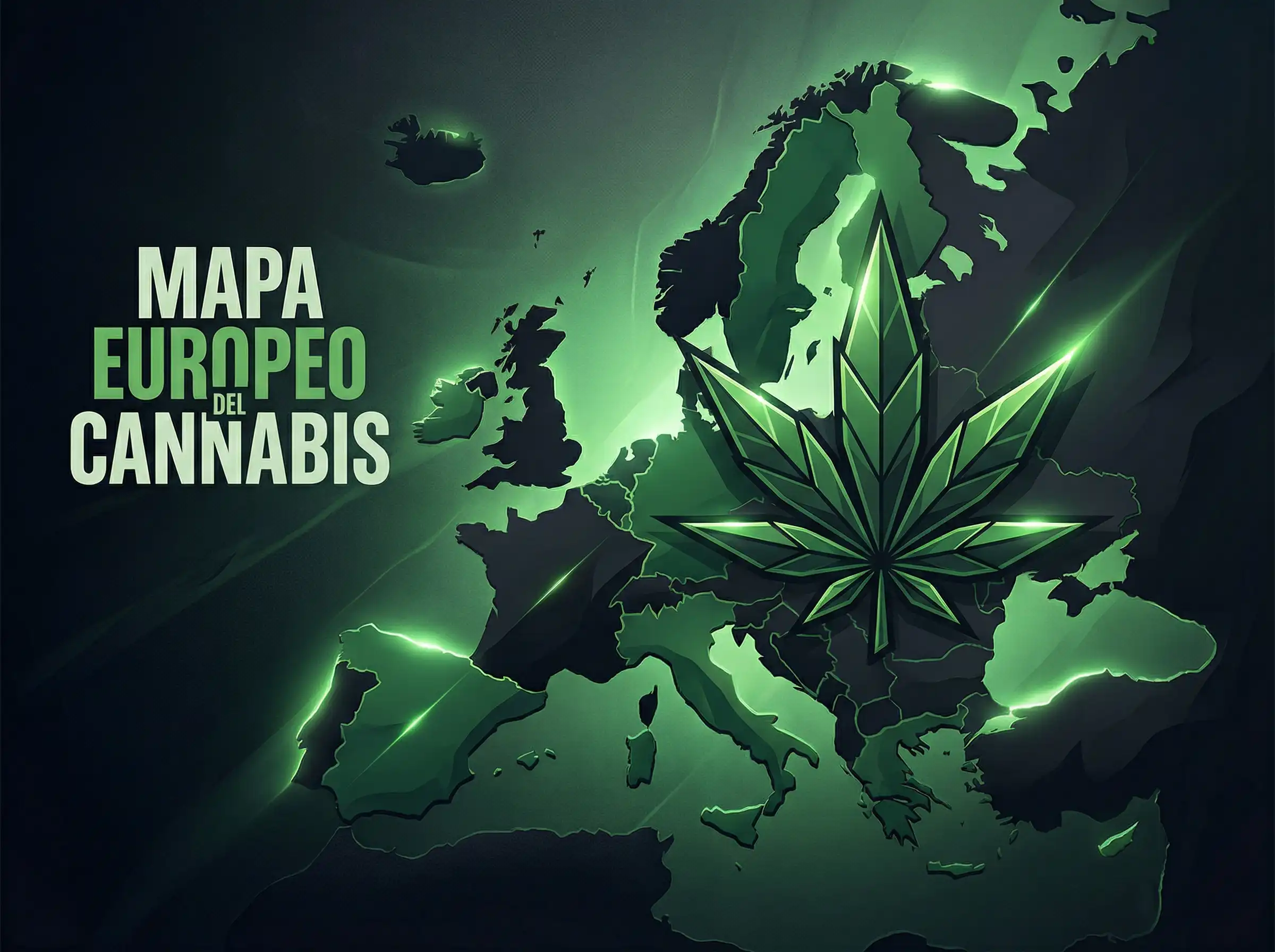 Imagen de portada con mapa de Europa y hoja de cannabis estilizada que representa la legalidad del cannabis, el CBD y el THC en países europeos