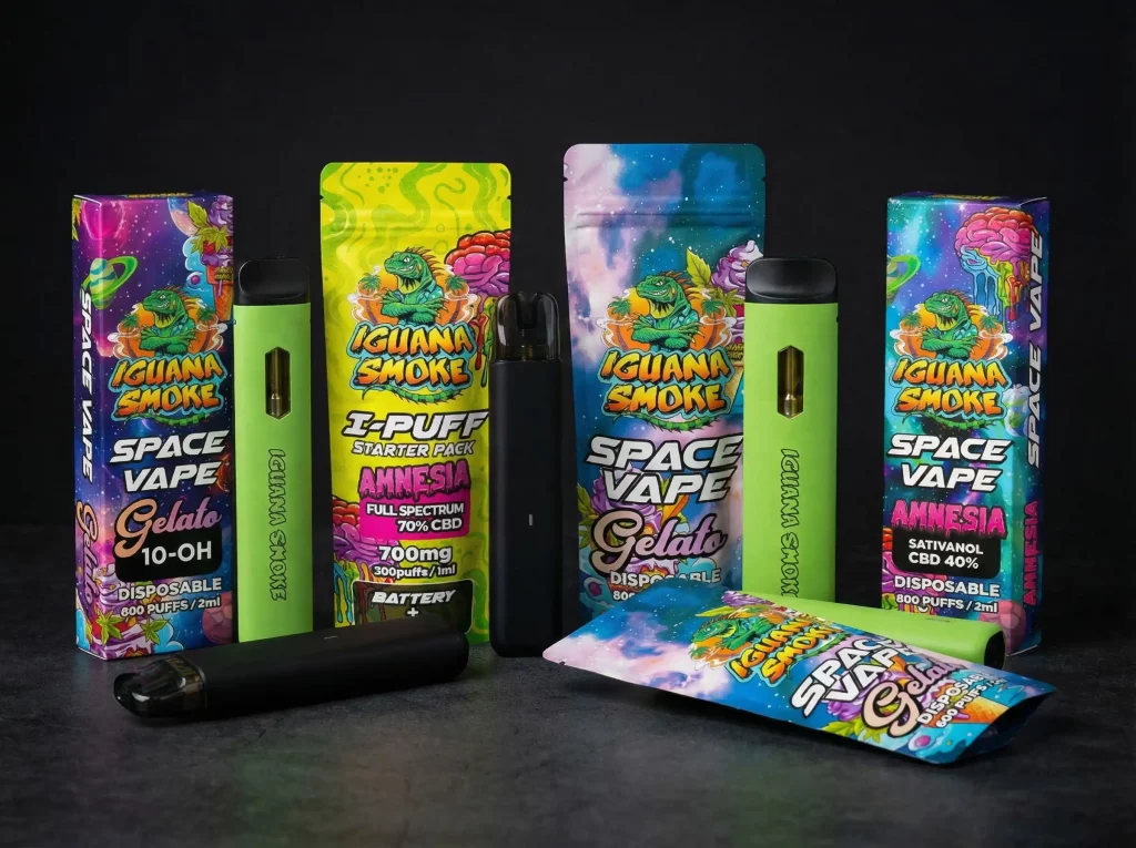 Imagen con varios vapers de Iguana Smoke mostrando vapers de CBD, vapers full spectrum, vapers STV y vapers 10-OH en diferentes formatos