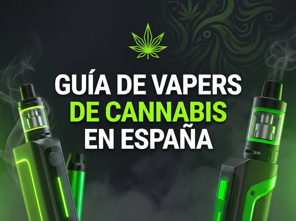 Imagen de portada con vapeadores y texto Guía de vapers de cannabis en España, relacionada con vaper de mota, vaper de marihuana y vapers de CBD legales