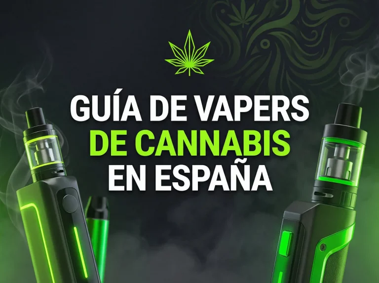 Imagen de portada con vapeadores y texto Guía de vapers de cannabis en España, relacionada con vaper de mota, vaper de marihuana y vapers de CBD legales