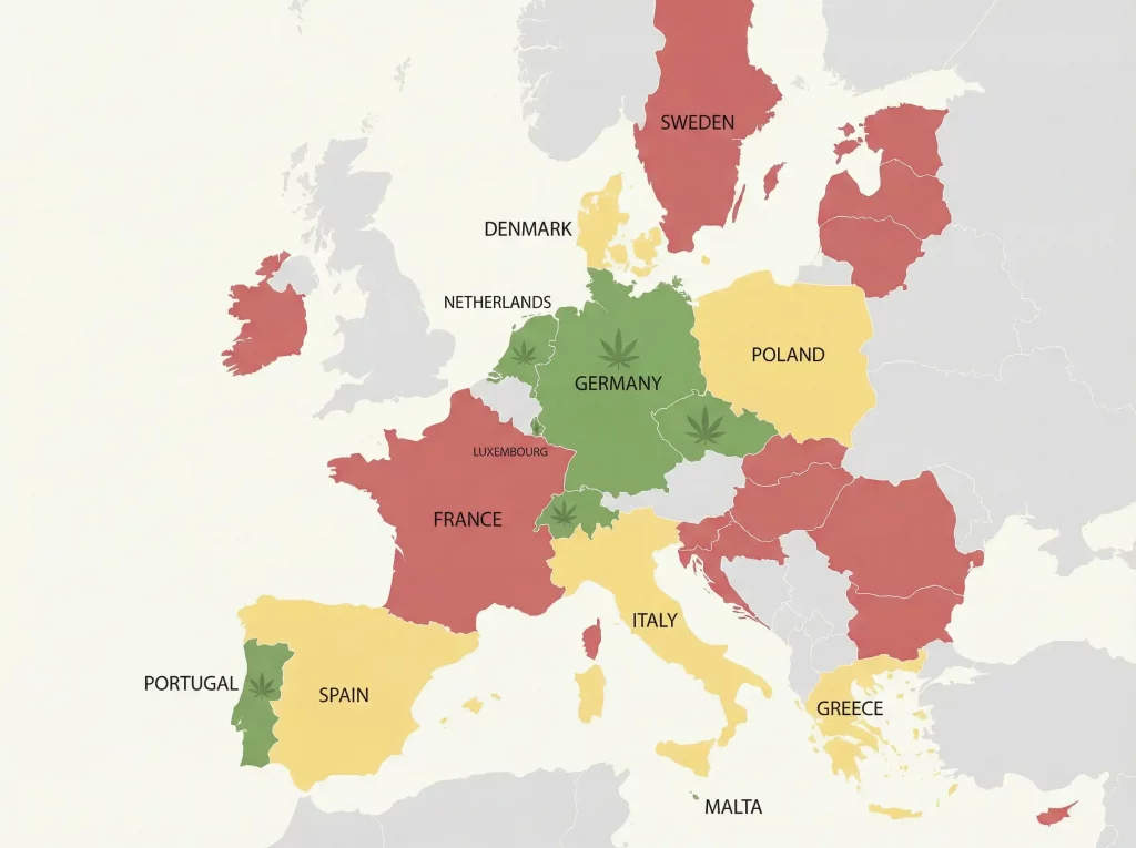 Mapa de Europa con la legalidad del cannabis por países, destacando en verde los países cannabis friendly, en amarillo la regulación intermedia y en rojo las leyes más restrictivas sobre marihuana, CBD y THC