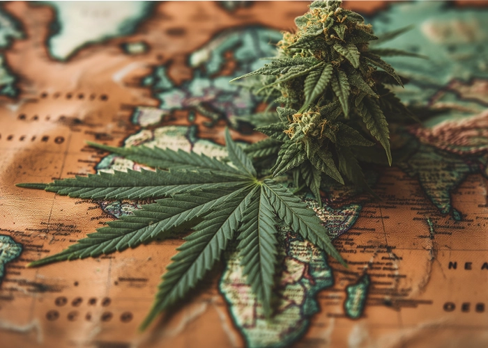 hoja de cannabis con cogollo sobre mapa mundi