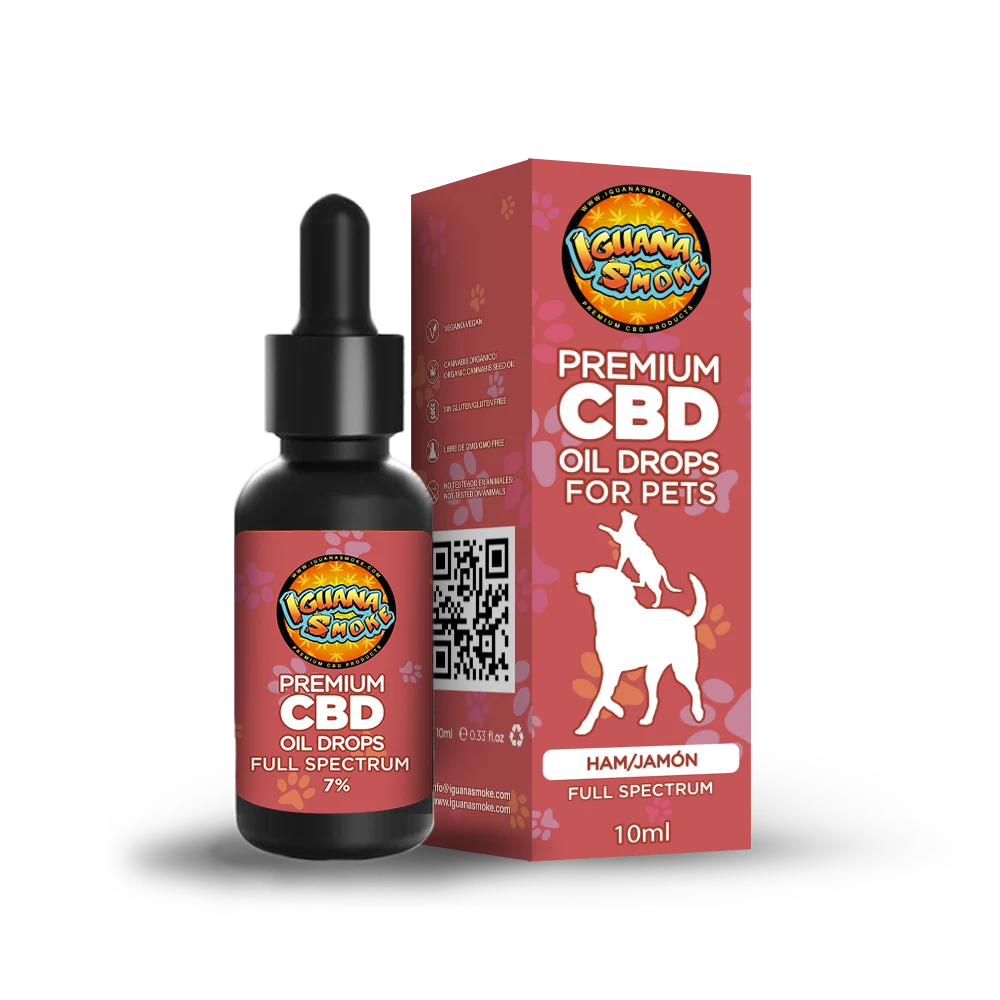 Aceite CBD de jamon para mascotas 7% caja y bote