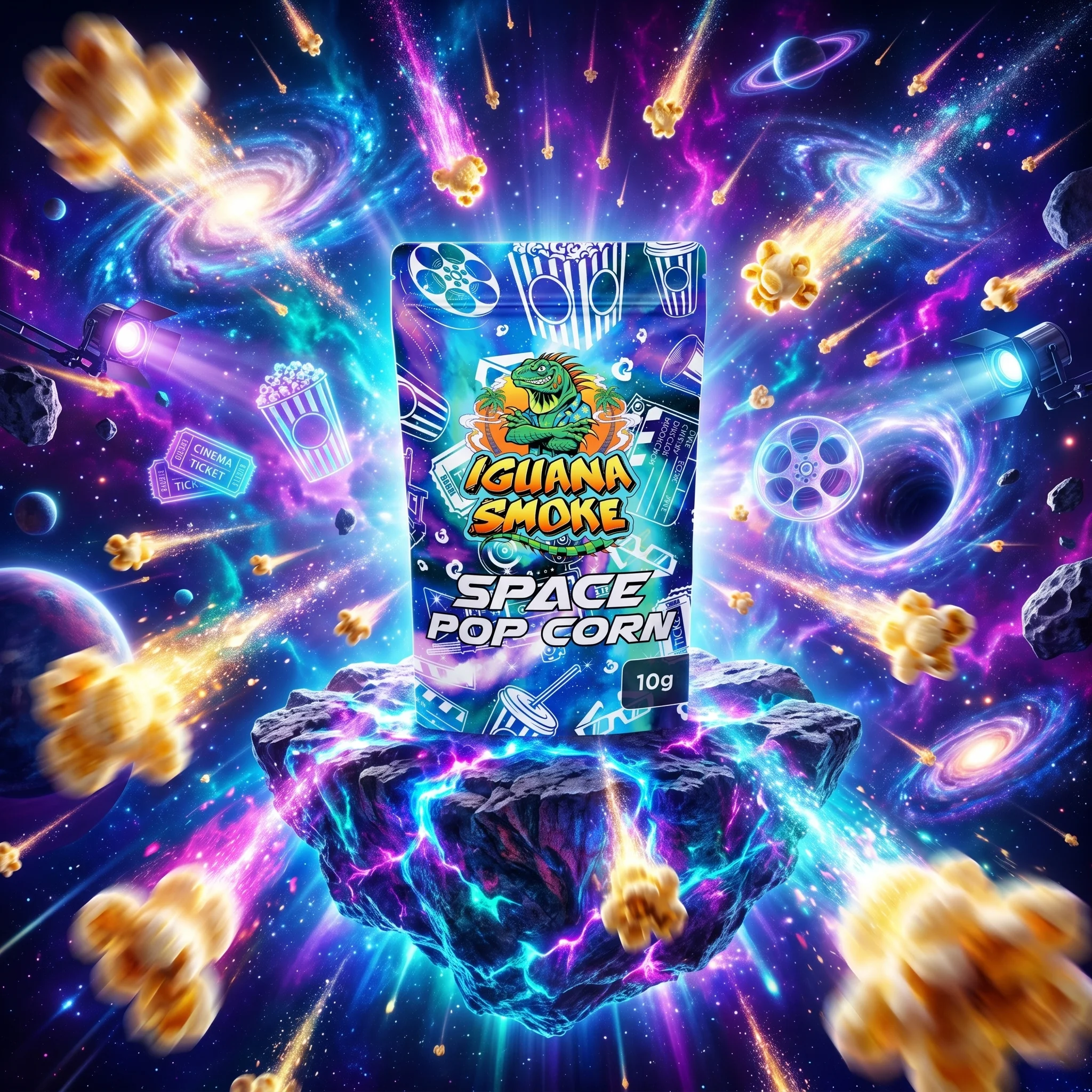 Bolsa Space Pop Corn 10g de Iguana Smoke sobre fondo espacial con galaxias, palomitas y efectos cósmicos.