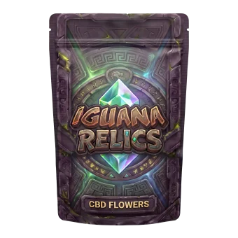 Bolsa doypack de flores de CBD Iguana Relics con diseño de piedra tallada, runas y gema verde, premio de la promoción de Iguana Smo