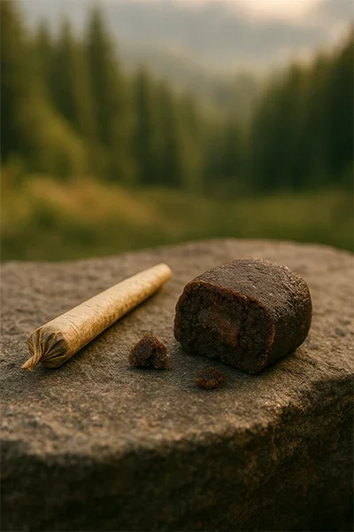 Vista del campo con una piatella di Cono 1g e hashish cbd